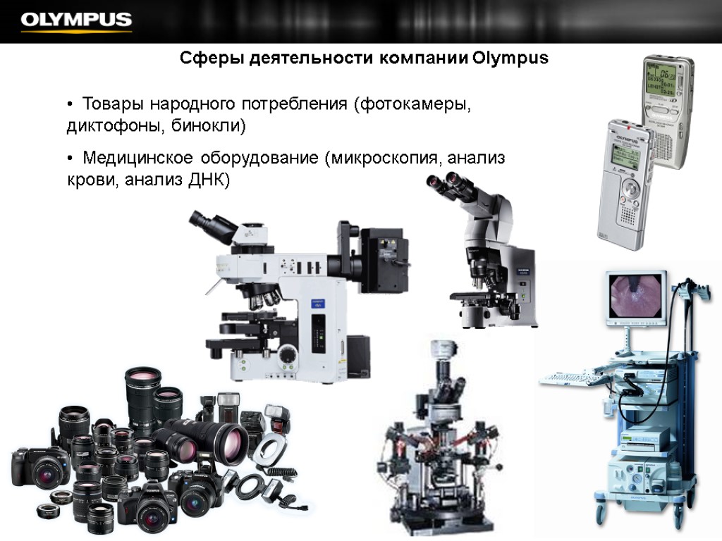 Сферы деятельности компании Olympus Товары народного потребления (фотокамеры, диктофоны, бинокли) Медицинское оборудование (микроскопия, анализ